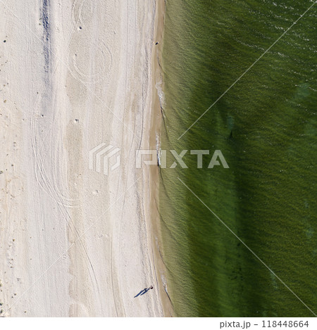 sandy beach on the seashore, view from above sandy beach on the seashore, view from above 118448664