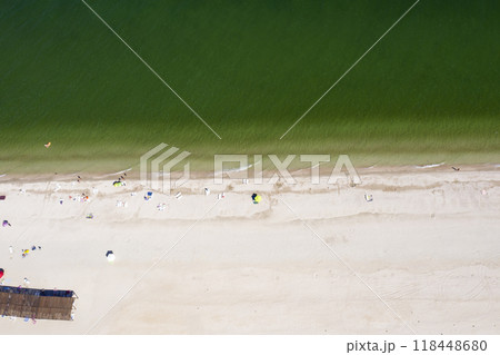 sandy beach on the seashore, view from above sandy beach on the seashore, view from above 118448680