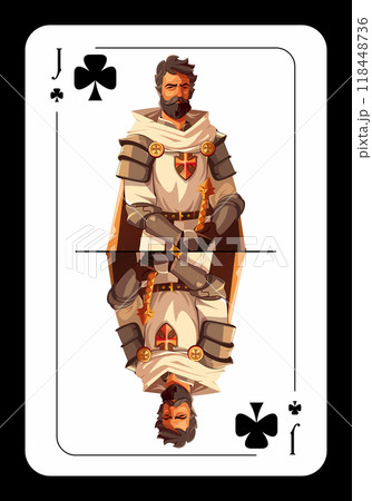 Jack of clubs, original design of playing card on black background. Jack of clubs, original design of playing card on black background. 118448736