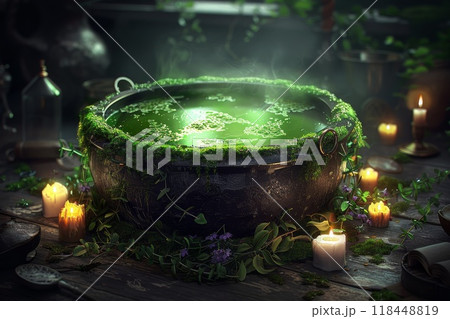 Halloween cauldron with green smoke. Dark mystery background. Autumn halloween holiday. Witchcraft pot with magic potion. Magician wizard banner with copyspace for text 118448819