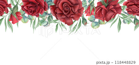 Red rose flowers and eucalyptus leaves horizontal watercolor seamless banner. Summer garden blooming deep ruby plants with greenery illustration. Copy space for text. For textile, greeting cards Red rose flowers and eucalyptus leaves horizontal watercolor seamless banner. Summer garden blooming deep ruby plants with greenery illustration. Copy space for text. For textile, greeting cards 118448829