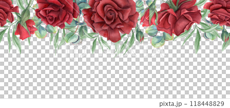 Red rose flowers and eucalyptus leaves horizontal watercolor seamless banner. Summer garden blooming deep ruby plants with greenery illustration. Copy space for text. For textile, greeting cards Red rose flowers and eucalyptus leaves horizontal watercolor seamless banner. Summer garden blooming deep ruby plants with greenery illustration. Copy space for text. For textile, greeting cards 118448829