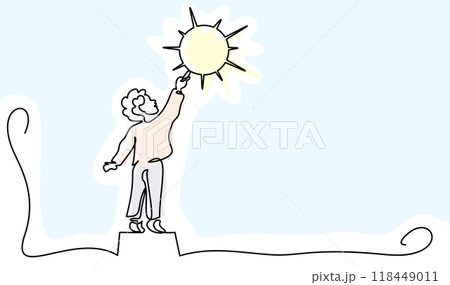 Small boy drawing sun on wall. Continuous One line drawing Small boy drawing sun on wall. Continuous One line drawing 118449011