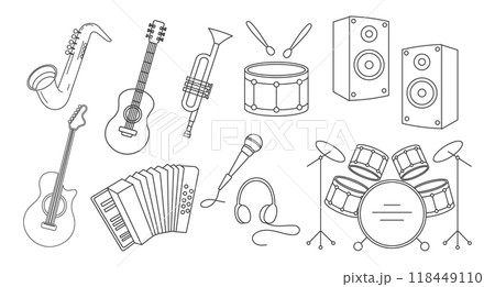 Set of musical instruments, saxophone, drums, guitars, accordion, trumpet, microphone. Illustration, sketch, outline drawing 118449110