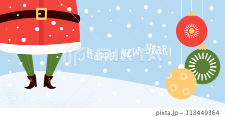 Happy New Year poster. Funny legs Santa Claus in boots in snow with Christmas balls on snowy blue background. Vector illustration. Xmas holiday horizontal banner. Happy New Year poster. Funny legs Santa Claus in boots in snow with Christmas balls on snowy blue background. Vector illustration. Xmas holiday horizontal banner. 118449364