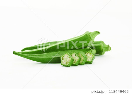 Fresh Okra pods and slices on a white background 118449463