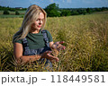 Farmer Examines Ripening Rapeseed Pods in a Lush Green Field Under a Blue Sky with Village in the Background 118449581