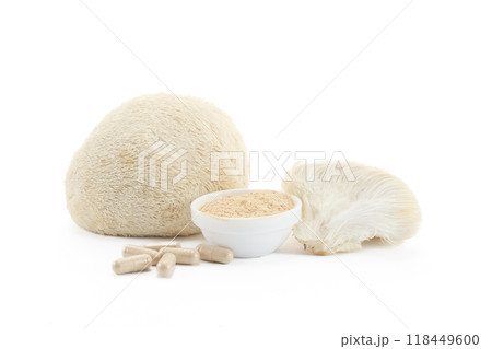 Lion's Mane Mushroom Supplement on white background Lion's Mane Mushroom Supplement on white background 118449600