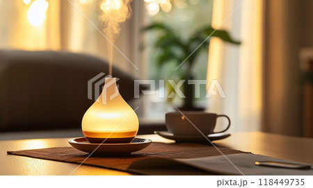 Morning Aromatherapy. A tranquil scene with a lit diffuser 118449735