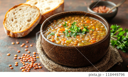 A warm bowl of lentil soup garnished with fresh parsley 118449796