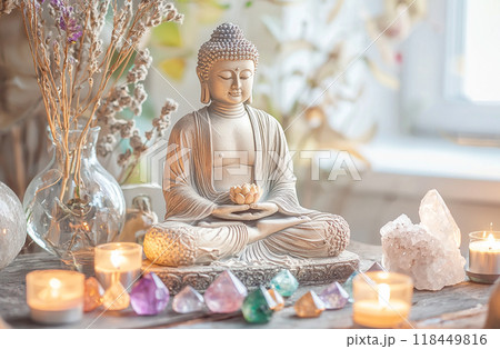 Buddha Statue with Crystals and Candles 118449816