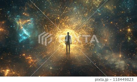 Stellar Gateway. A silhouette of a person standing against an abstract cosmic background 118449823