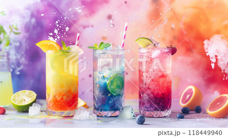 Colorful Galaxy Summer Drinks. Vibrant, refreshing summer drinks with fruit garnishes and splashes 118449940