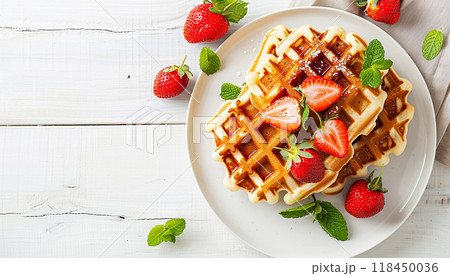 Strawberry Waffles. A delicious serving of waffles topped with fresh strawberries and mint leaves 118450036