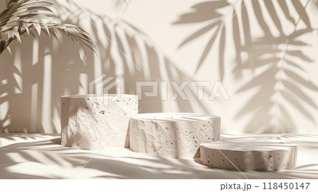 Minimalist Terracotta Display. Neutral-toned blocks with leaf shadows, minimalist style. 118450147