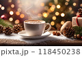 Cup of hot coffee on Christmas background. Concept of holiday and happy New Year atmosphere 118450238