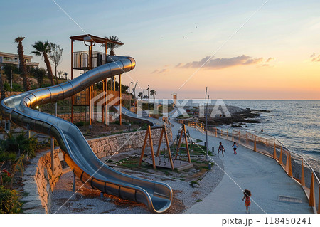 Coastal Playground at Sunset. A scenic seaside playground with a slide and swings during a golden sunset. Coastal Playground at Sunset. A scenic seaside playground with a slide and swings during a golden sunset. 118450241