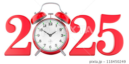 2025 concept with alarm clock, 3D rendering 2025 concept with alarm clock, 3D rendering 118450249