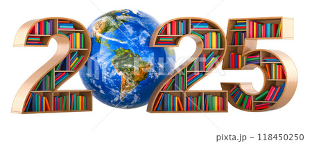 2025 from book shelves and Earth Globe, 3D rendering 118450250
