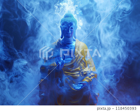 Mystical Buddha Statue in Ethereal Blue Smoke 118450393