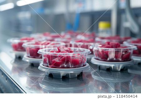 Pre-Packaged Watermelon Chunks on Production Line Pre-Packaged Watermelon Chunks on Production Line 118450414