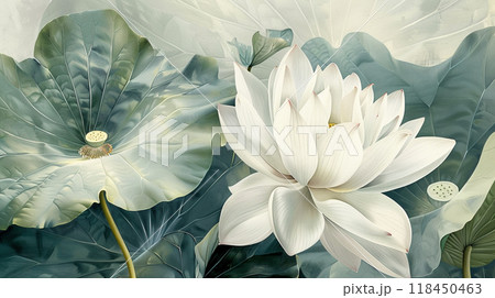 Serene Lotus Bloom Amidst Lush Leaves Serene Lotus Bloom Amidst Lush Leaves 118450463