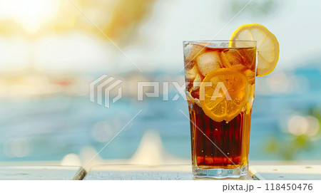 Refreshing Iced Tea with Lemon Slice by the Sea 118450476