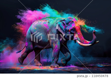 Colorful Elephant Exploding with Holi Powder Colorful Elephant Exploding with Holi Powder 118450478