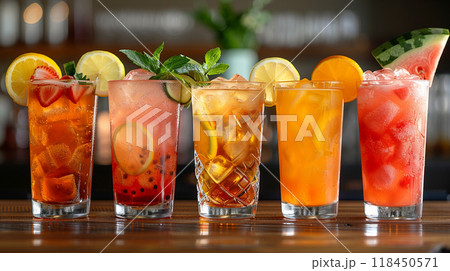 Colorful Assortment of Refreshing Summer Cocktails 118450571