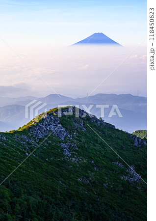 夏の晴れた空と富士山と雲海の絶景・金峰山より 夏の晴れた空と富士山と雲海の絶景・金峰山より 118450623