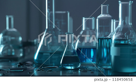 Laboratory Glassware with Blue Chemicals 118450658