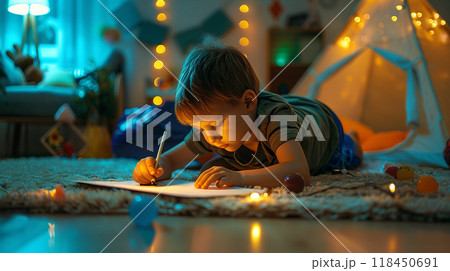 Child Drawing in Cozy Room at Night 118450691