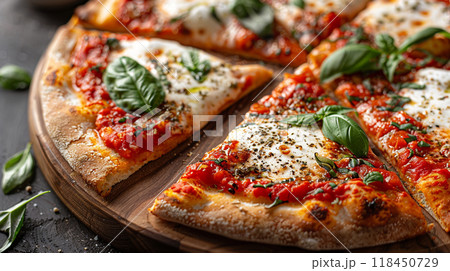 Fresh Margherita Pizza on Wooden Board 118450729