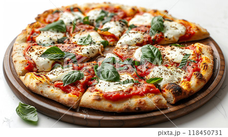 Fresh Margherita Pizza on Wooden Board Fresh Margherita Pizza on Wooden Board 118450731