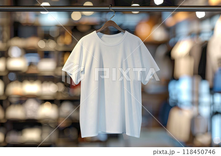 White T-Shirt on Display in a Modern Clothing Store 118450746