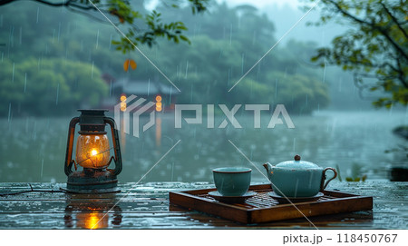 Tranquil Rainy Day Tea Setting Tranquil Rainy Day Tea Setting 118450767