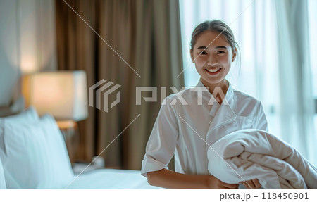 Happy Housekeeper in Hotel Room Happy Housekeeper in Hotel Room 118450901