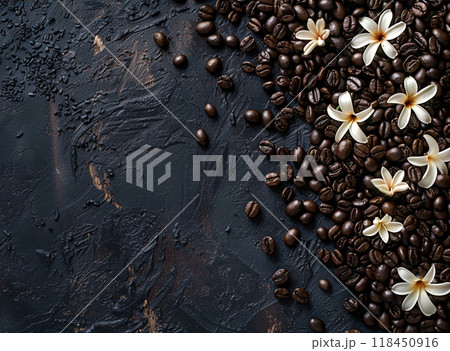 Coffee Beans and Frangipani Flowers on Dark Texture 118450916