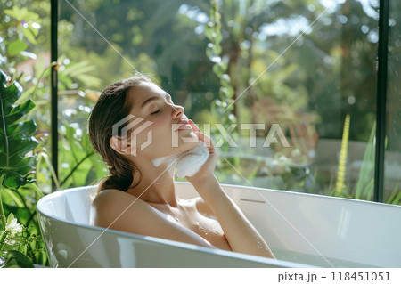 Tranquil Bathtime in Lush Setting Tranquil Bathtime in Lush Setting 118451051