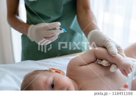 Pediatrician administers an injection to baby during routine checkup at hospital Pediatrician administers an injection to baby during routine checkup at hospital 118451108