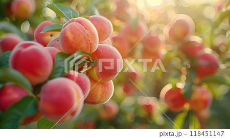 Sun-kissed Ripe Peaches on Tree 118451147