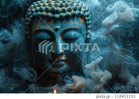 Serene Buddha Statue with Candle and Incense Smoke 118451155