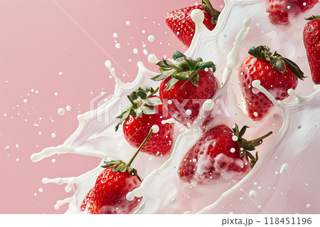 Strawberries Splashing into Milk 118451196