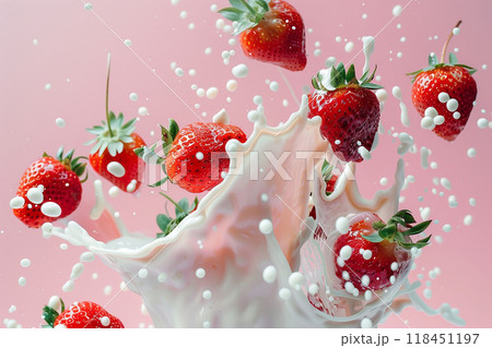 Fresh Strawberries Splashing in Milk 118451197