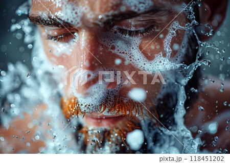Refreshing Splash: Man Rinsing Face with Water 118451202