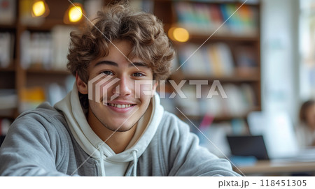 Smiling Young Man in a Library Smiling Young Man in a Library 118451305