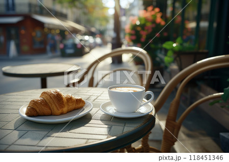 Morning Coffee and Croissant on a Cafe Terrace Morning Coffee and Croissant on a Cafe Terrace 118451346