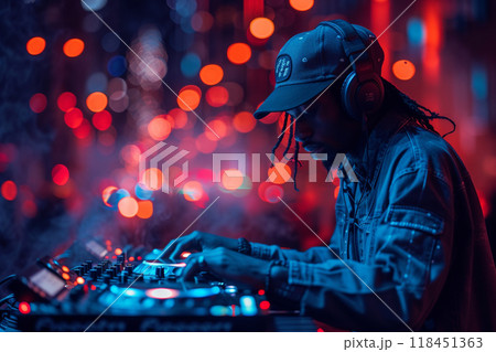 DJ Performing in Club with Vibrant Blue and Red Lights 118451363