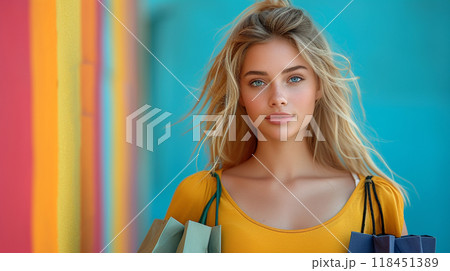 Young Woman Shopping with Colorful Background Young Woman Shopping with Colorful Background 118451389