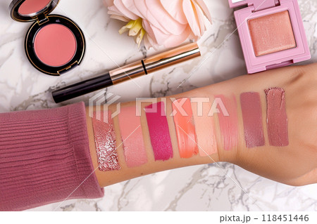 Makeup Swatches on Arm with Products Displayed Makeup Swatches on Arm with Products Displayed 118451446